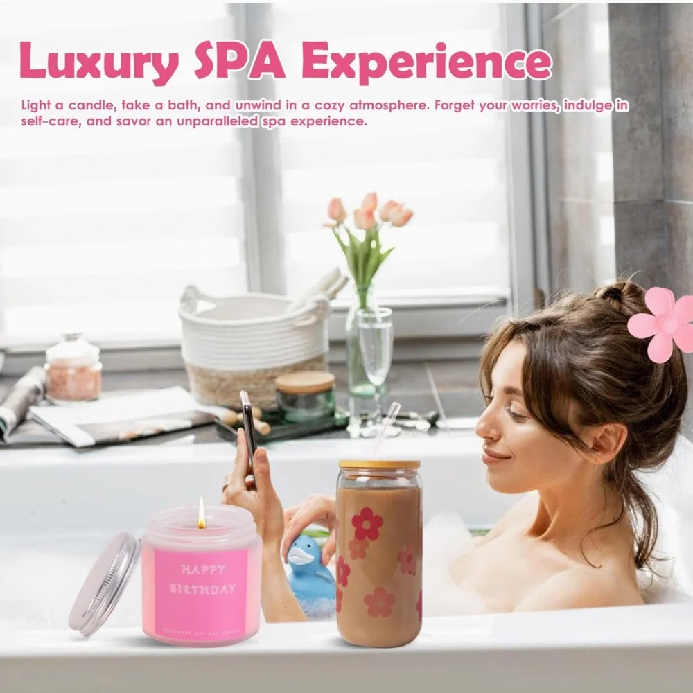 NEW! Happy Birthday Gift Box for Women Rose Scented Spa Items Floral Unique Pink